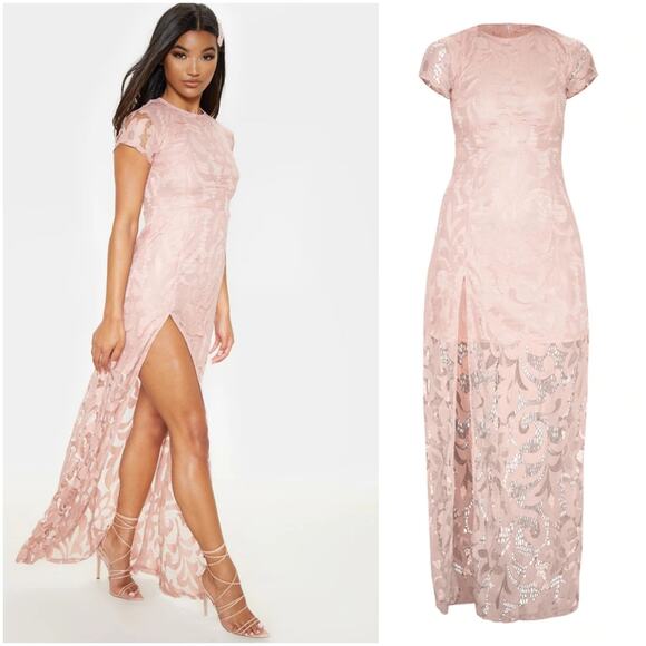 PrettyLittleThing Nude Lace Cap Sleeve Maxi Dress, Size 8, EUC - Picture 11 of 11